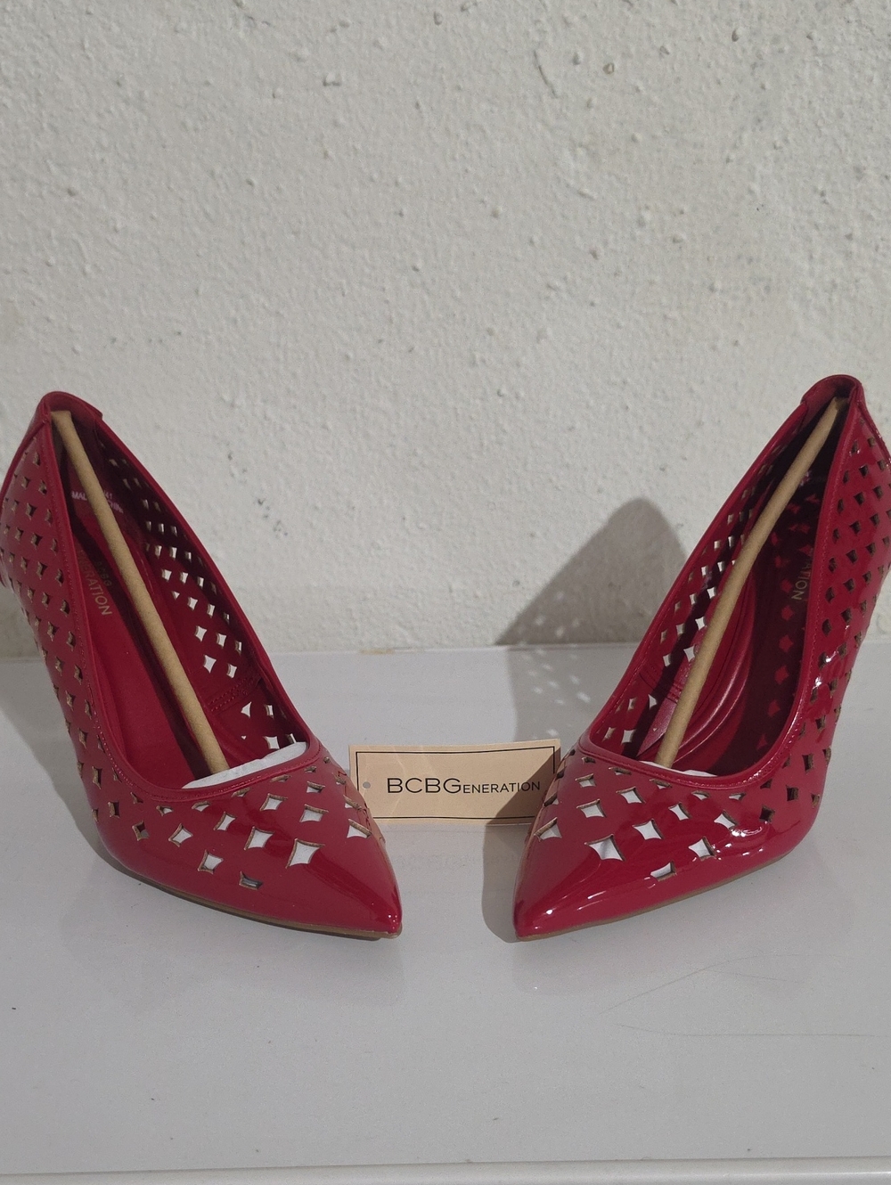 BCBGeneration Bissha-3 Lipstick Red Patent Laser-Cut Pointed Toe Pumps